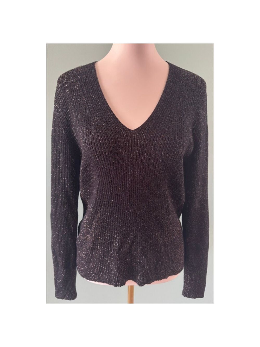 Women's Nine West Sweater Black/Gold Sparkle V-Neck Size XXL